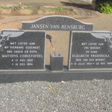 RENSBURG Matthys Christoffel, Jansen van 1900-1984 &amp; Elizabeth Fredericka van der MERWE 1903-1988