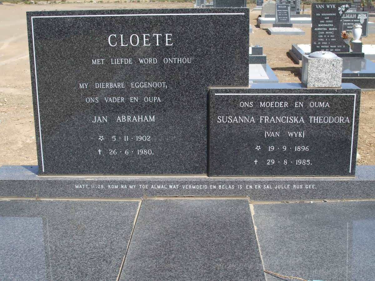 CLOETE Jan Abraham 1902-1980 &amp; Susanna Franciska Theodora VAN WYK 1896-1985