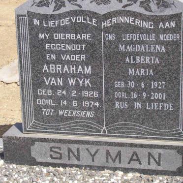SNYMAN Abraham Van Wyk 1926-1974 &amp; Magdalena Alberta Maria 1927-2001