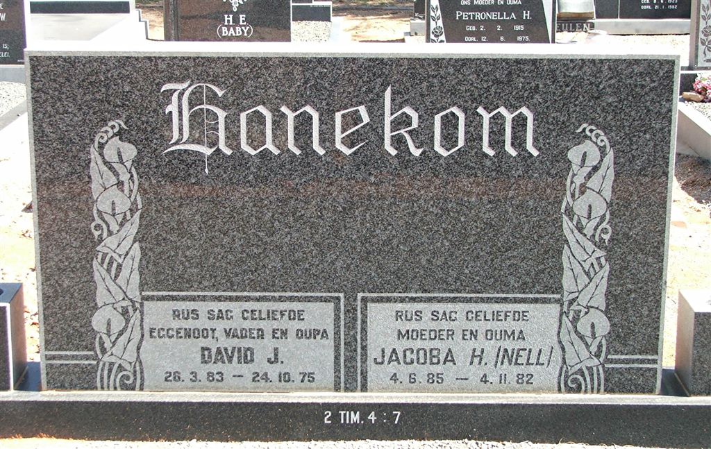 HANEKOM David J. 1883-1975 &amp; Jacoba H. NELL 1885-1982