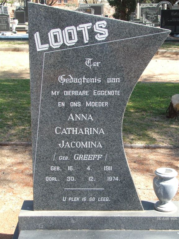LOOTS Anna Catharina Jacomina nee GREEFF 1911-1974