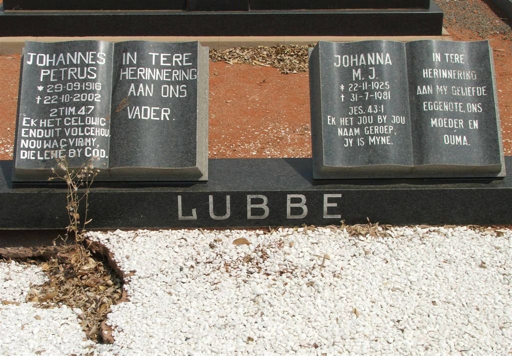 LUBBE Johannes Petrus 1916-2002 &amp; Johanna M.J. 1925-1981