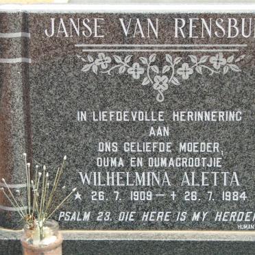 RENSBURG Wilhelmina Aletta, Janse van 1909-1984