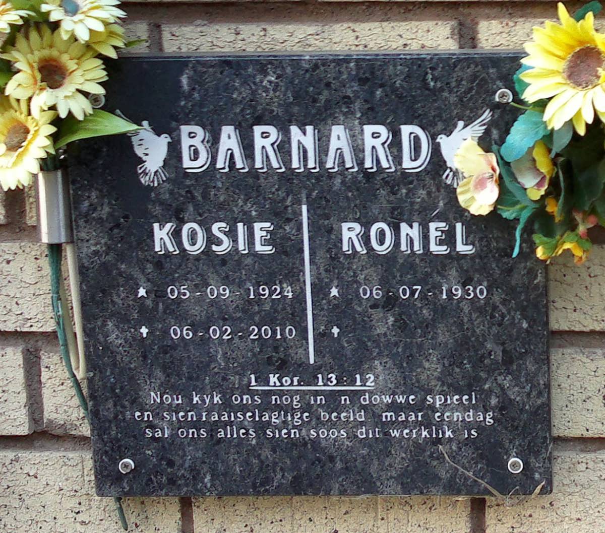 BARNARD Kosie 1924-2010 &amp; Ronel 1930-