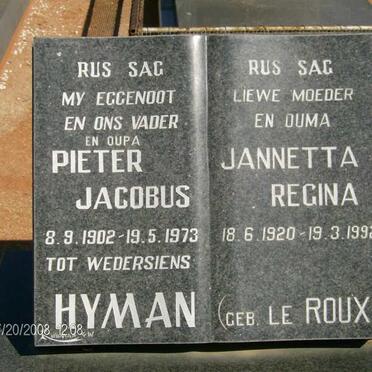 HYMAN Pieter Jacobus 1902-1973 &amp; Jannetta Regina LE ROUX 1920-1992