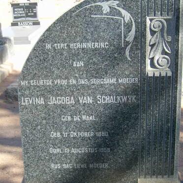 SCHALKWYK Levina Jacoba, van nee DE WAAL 1890-1958