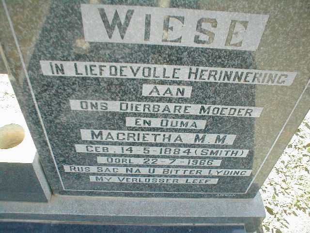 WIESE Magrietha M.M. nee SMITH 1884-1966