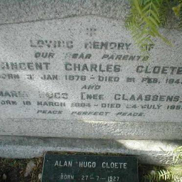 CLOETE Vincent Charles 1876-1943 &amp; Maria Hugo CLAASSENS 1884-1959, CLOETE Alan Hugo 1927-