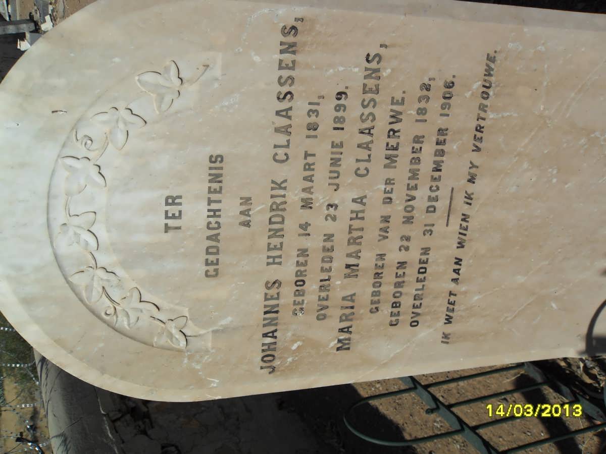 CLAASSENS Johannes Hendrik 1831-1899 &amp; Maria Martha VAN DER MERWE 1832-1906