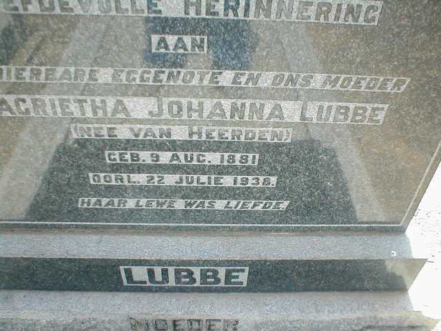 LUBBE Magrietha Johanna nee VAN HEERDEN 1881-1938