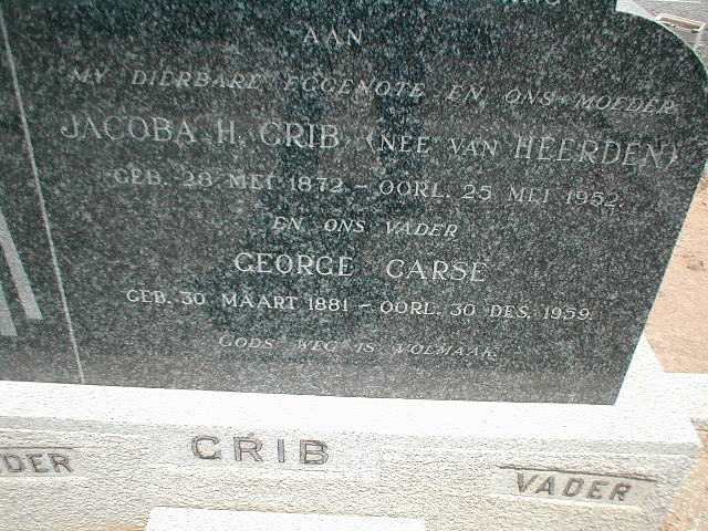 GRIB George Carse 1881-1959 &amp; Jacoba H. VAN HEERDEN 1872-1952