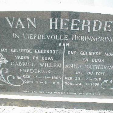 HEERDEN Gabriël Willem Frederick, van 1905-1981 &amp; Anna Catharina DU TOIT 1916-1996