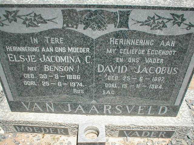 JAARSVELD David Jacobus, van 1887-1964 &amp; Elsje Jacomina C BENSON 1886-1974