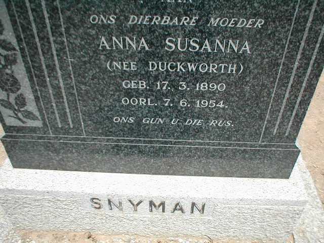 SNYMAN Anna Susanna nee DUCKWORTH 1890-1954
