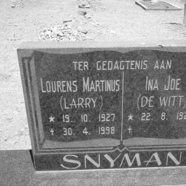 SNYMAN Lourens Martinus 1927-1998 &amp; Ina Joe DE WITT 1925-
