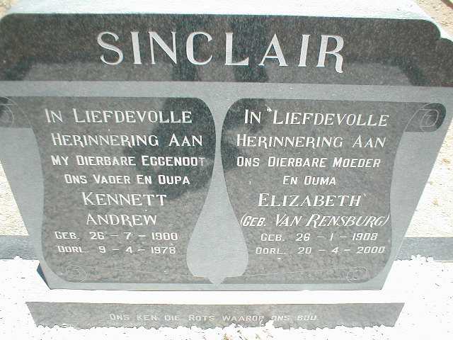 SINCLAIR Kennett Andrew 1900-1978 &amp; Elizabeth  VAN RENSBURG 1908-2000