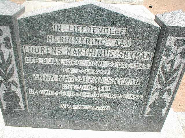 SNYMAN Lourens Marthinus 1866-1949 &amp; Anna Magdalena VOSTER 1876-1954
