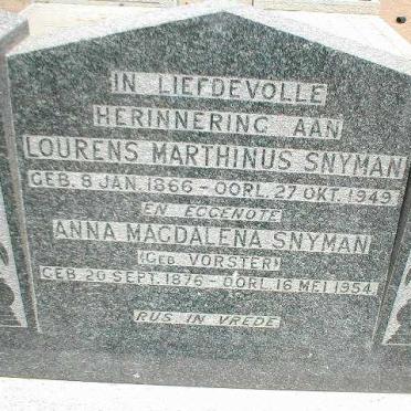 SNYMAN Lourens Marthinus 1866-1949 &amp; Anna Magdalena VOSTER 1876-1954