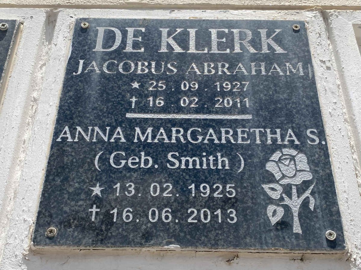 KLERK Jacobus Abraham, de 1927-2011 & Anna Margaretha S. SMITH 1925-2013
