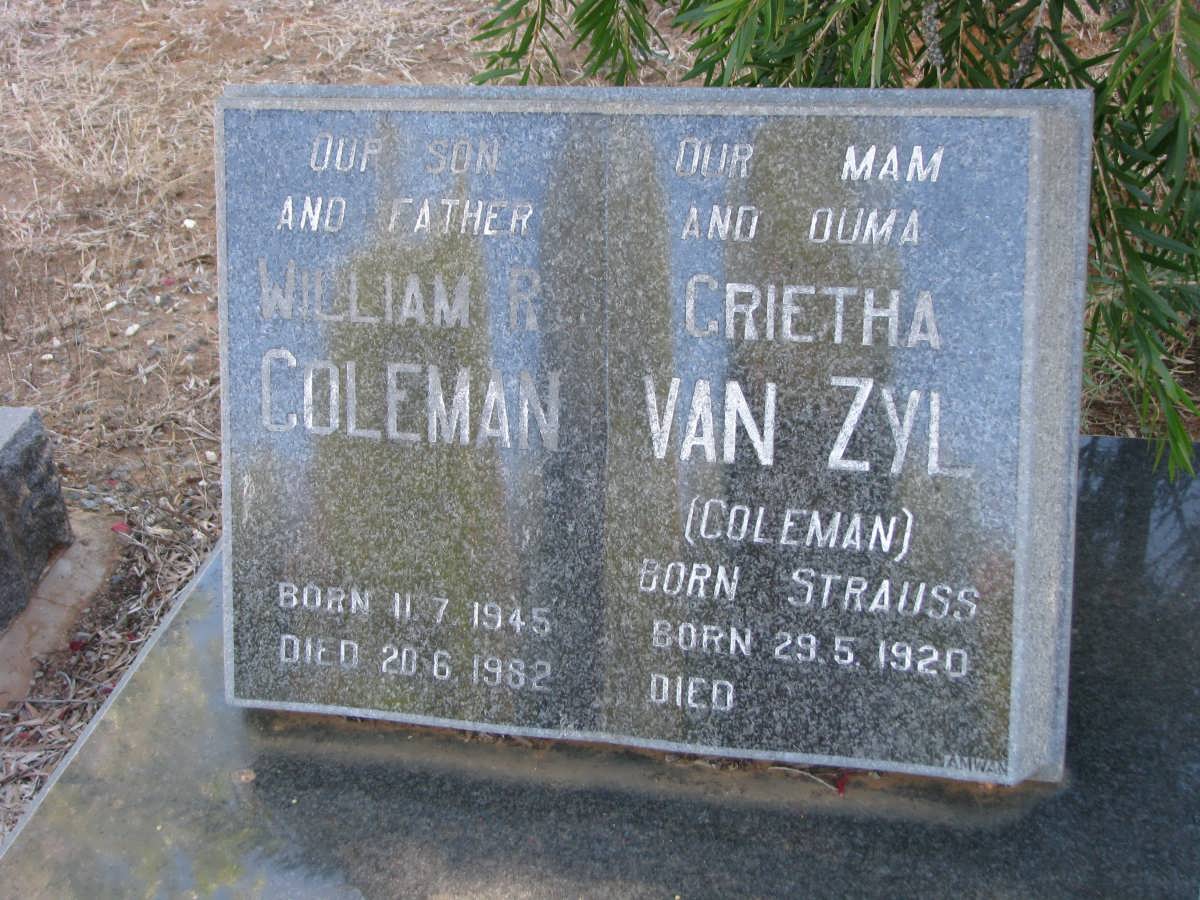 COLEMAN Wiliam R. 1945-1982 &amp; Grietha VAN ZYL nee STRAUSS 1920-