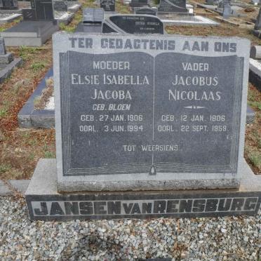 RENSBURG Jacobus Nicolaas, Jansen van 1906-1959 &amp; Elsie Isabella Jacoba BLOEM 1906-1994