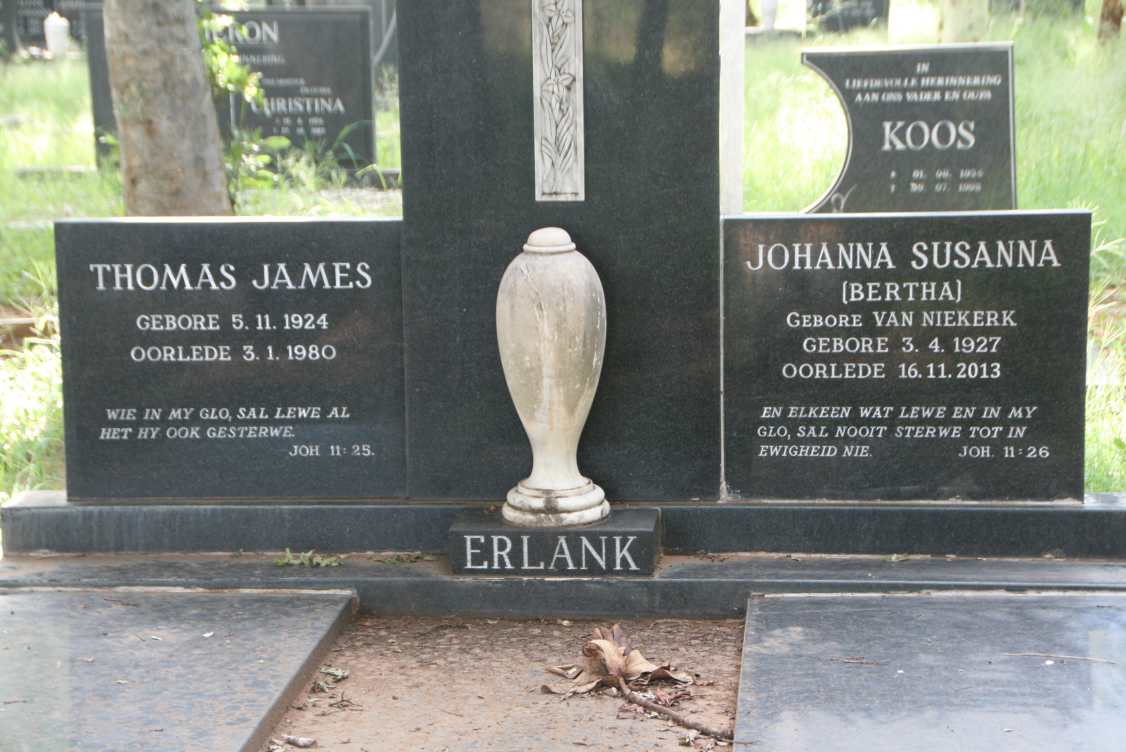ERLANK Thomas James 1924-1980 & Johanna Susanna VAN NIEKERK 1927-2013