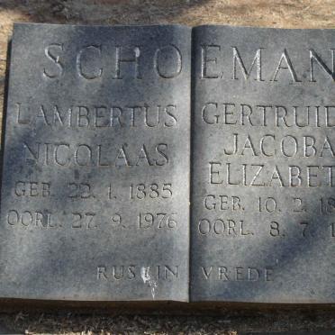SCHOEMAN Lambertus Nicolaas 1885-1976 & Gertruida Jacoba Elizabeth 1890-1982
