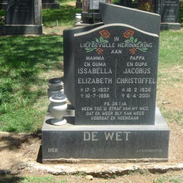 WET Jacobus Christoffel, de 1836-2001 &amp; Issabella Elizabeth 1937-1996