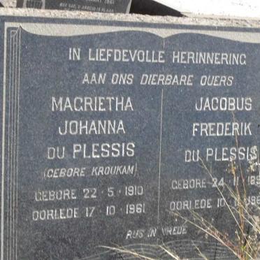 PLESSIS Jacobus Frederik, du 1899-1963 &amp; Magrietha Johanna KROUKAM 1910-1961