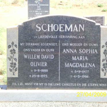SCHOEMAN Willem David Olivier 1888-1975 &amp; Anna Sophia Maria Magdalena 1907-1986