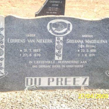 PREEZ Lourens van Niekerk, du 1887-1970 &amp; Susanna Magdalena BOTHA 1891-1971