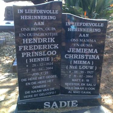 SADIE Hendrik Frederick Prinsloo 1924-2004 &amp; Jemiema Christina nee LOUW 1927-2004