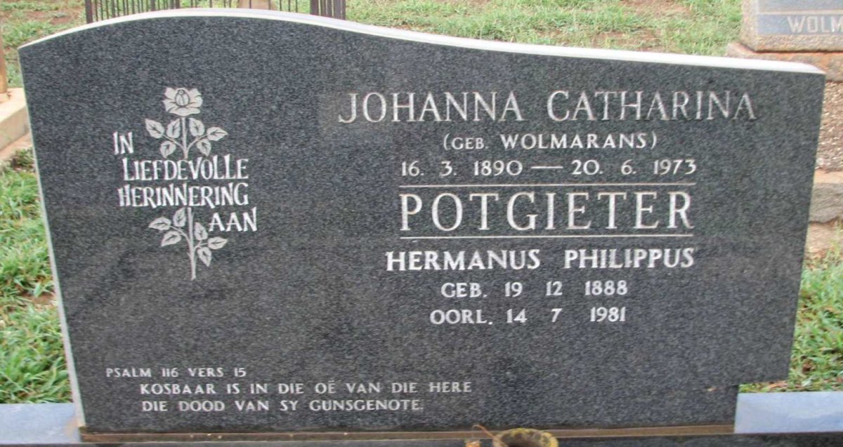 POTGIETER Hermanus Philippus 1888-1981 &amp; Johanna Catharina WOLMARANS 1890-1973