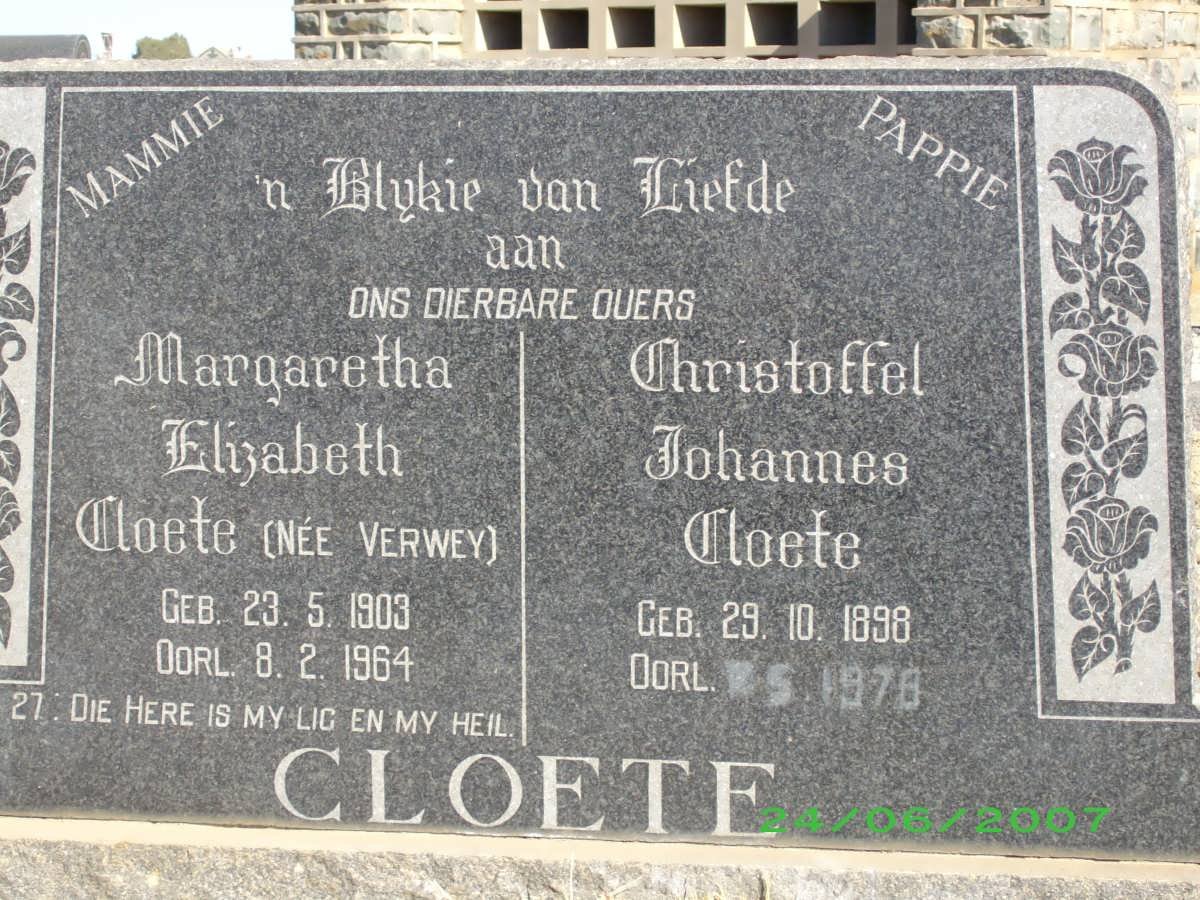 CLOETE Christoffel Johannes 1898-1978 &amp; Margaretha Elizabeth VERWEY 1903-1964