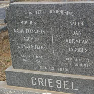 GRIESEL Jan Abraham Jacobus 1885-1957 &amp; Maria Elizabeth Jacomina van NIEKERK 1893-1977 