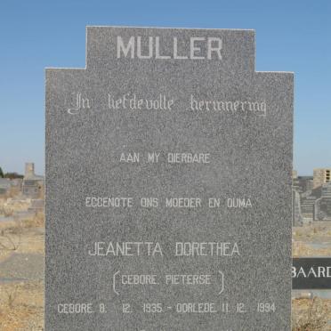 MULLER Jeanetta Dorethea nee PIETERSE 1935-1994