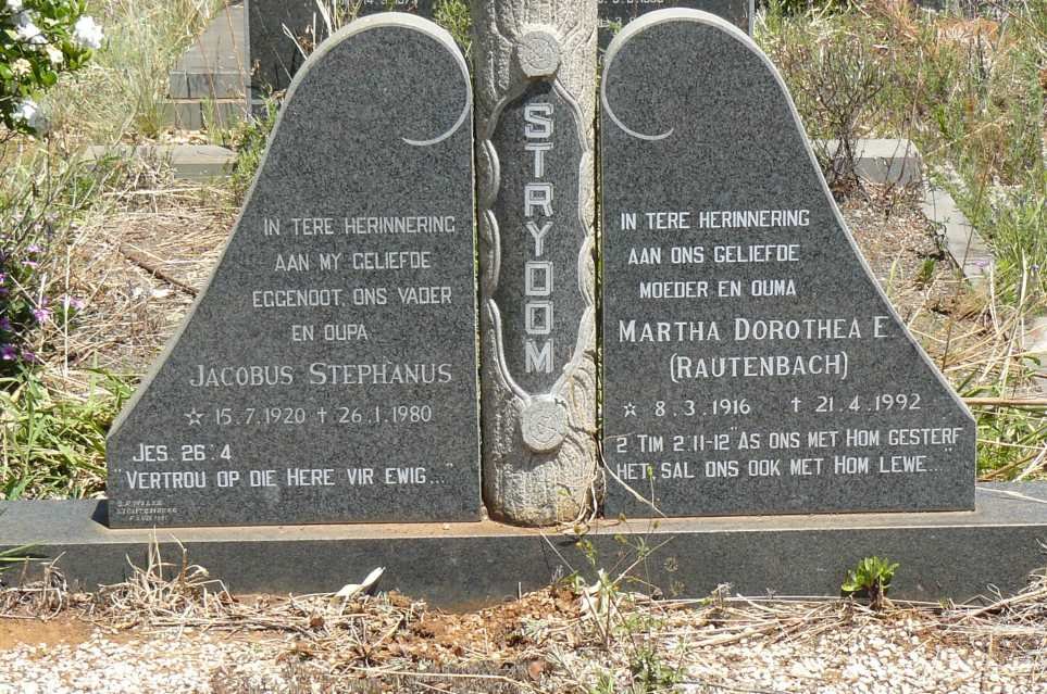 STRYDOM Jacobus Stephanus 1920-1980 &amp; Martha Dorothea E. RAUTENBACH 1916-1992