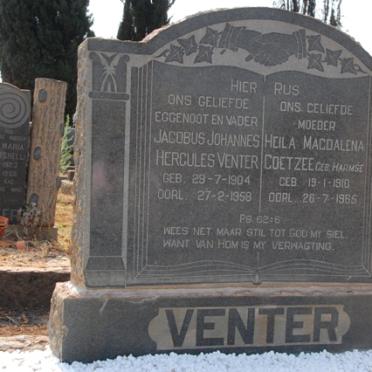 VENTER Jacobus Johannes Hercules 1904-1958 &amp; Heila Magdalena Coetzee HARMSE 1910-1965