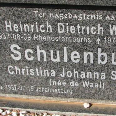 SCHULENBURG Heinrich Dietrich Wilhelm 1937-1979 &amp; Christina Johanna Sophia DE WAAL 1937-