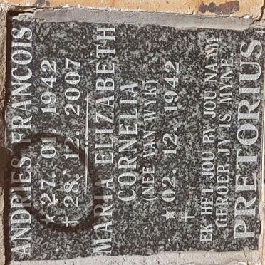 PRETORIUS Andries Francois 1942-2007 &amp; Maria Elizabeth Cornelia VAN WYK 1942-