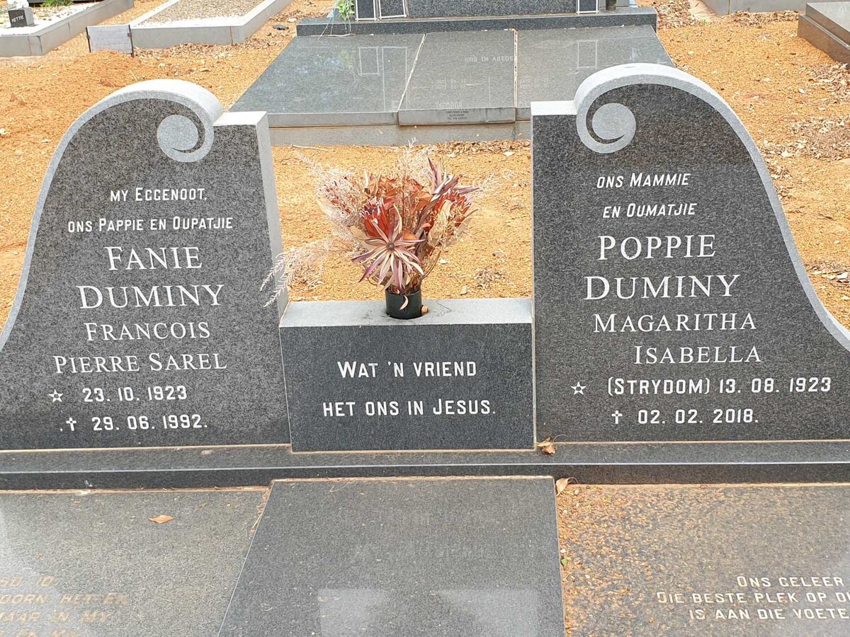 DUMINY Francois Pierre Sarel 1923-1992 &amp; Magaritha Isabella STRYDOM 1923-2018