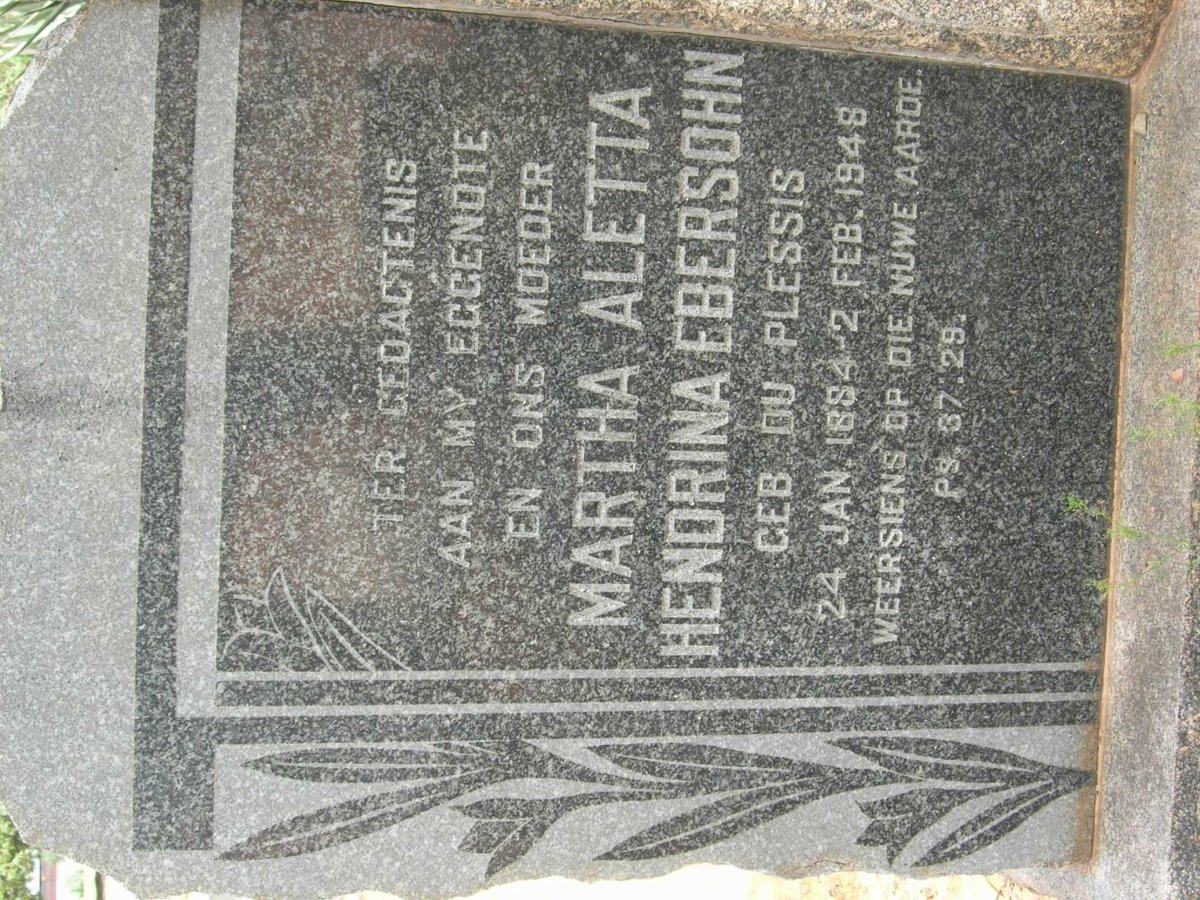 EBERSOHN Marth Aletta Hendrina nee DU PLESSIS 1884-1948
