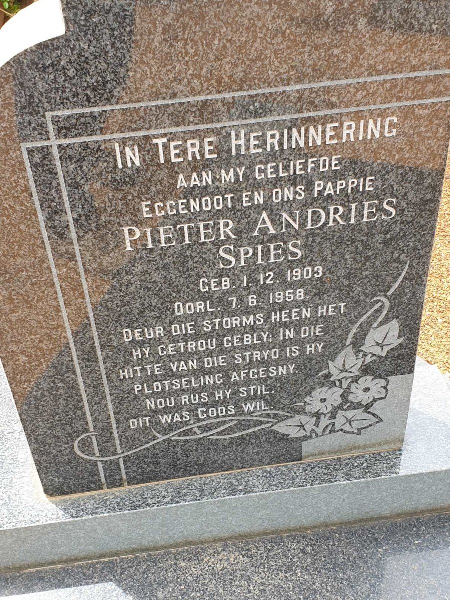 PIETERSE Pieter Andries 1903-1958 &amp; Hester Helena SPIES 1920-2008