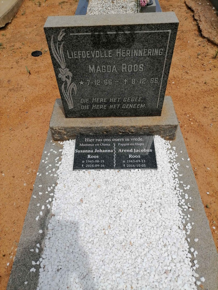 ROOS Arend Jacobus 1943-2016 &amp; Susanna Johanna 1945-2016 :: ROOS Magda 1966-1966