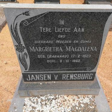 RENSBURG Margrietha Magdalena, Jansen v. nee BARNARD 1923-1962