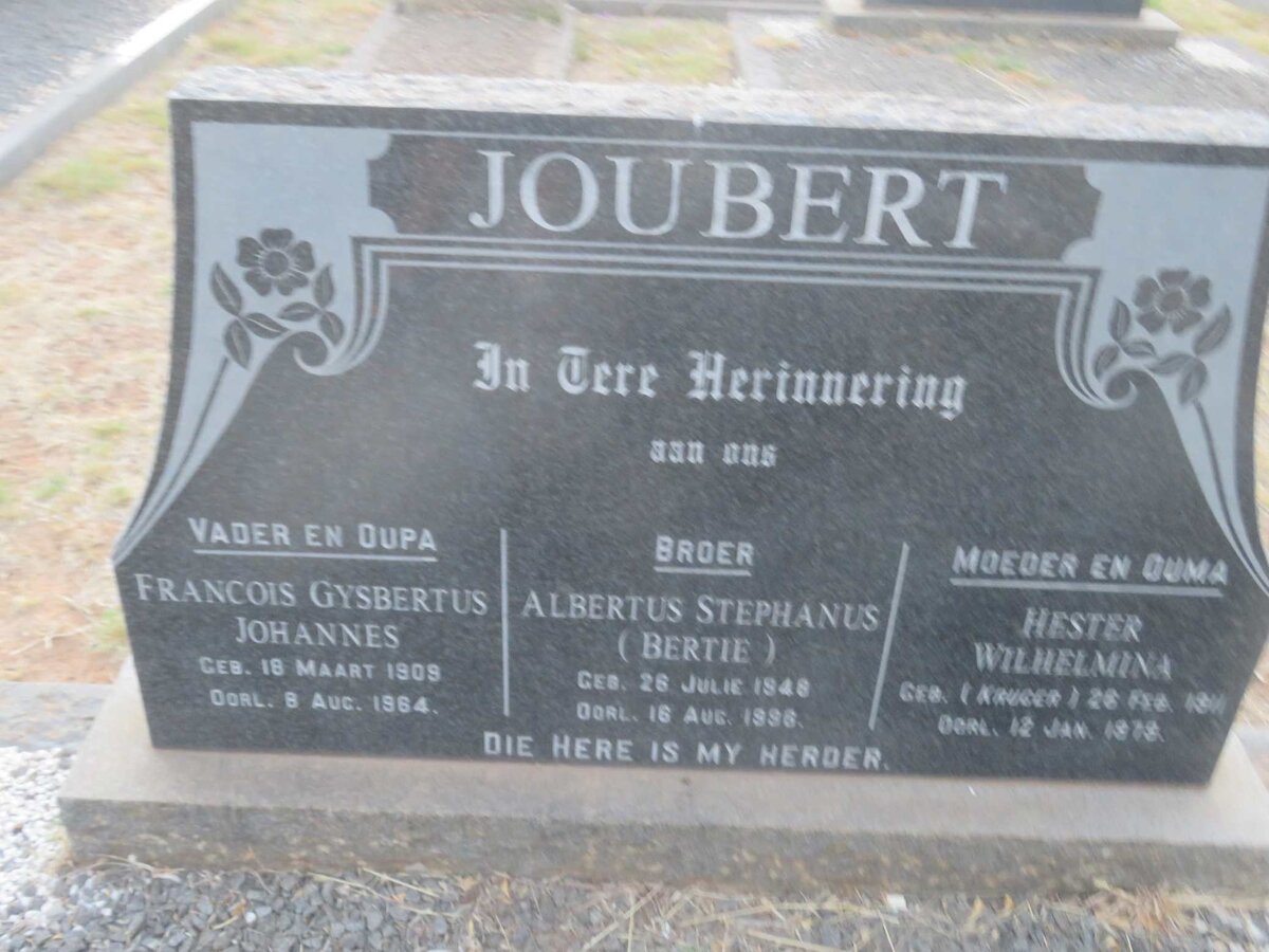 JOUBERT Francois Gysbertus Johannes 1909-1964 &amp; Hester Wilhelmina KRUGER 1911-1978