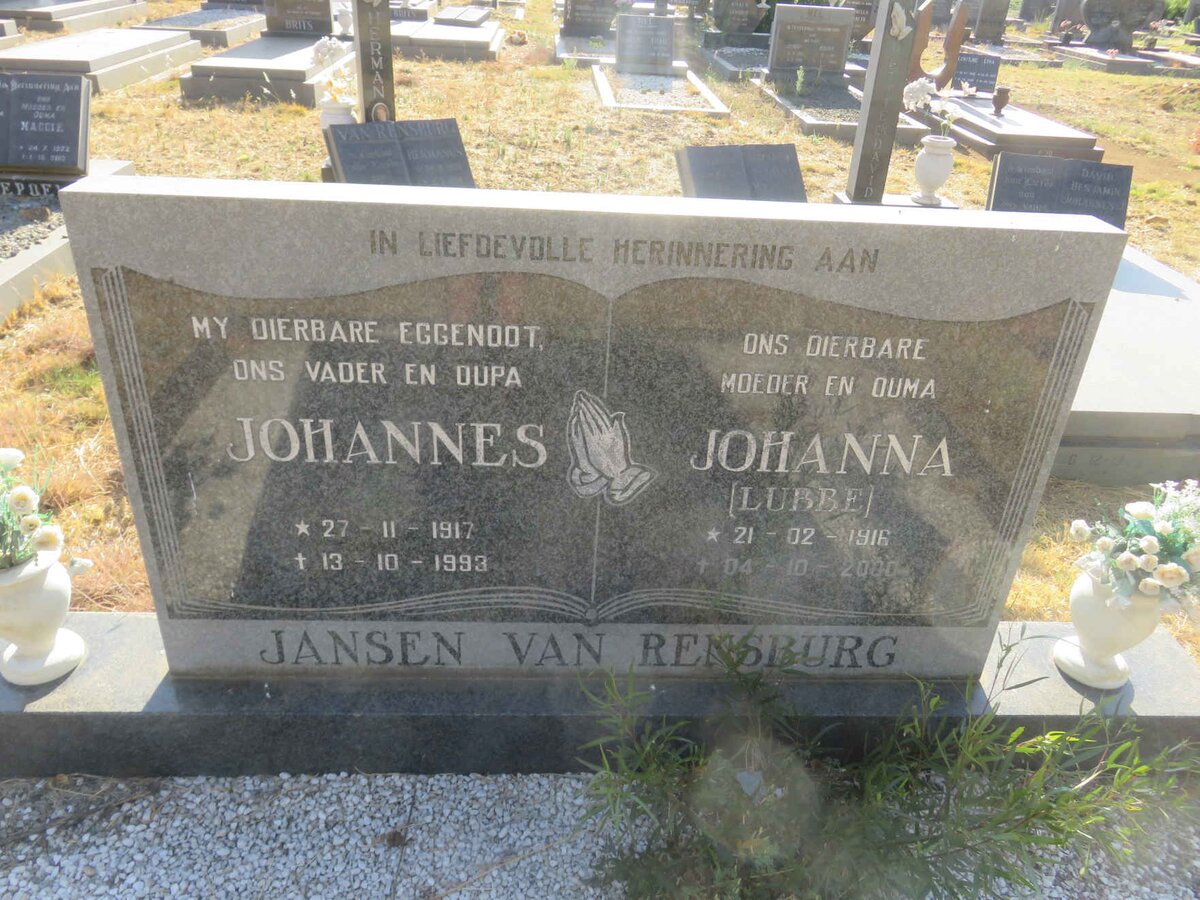 RENSBURG Johannes, Jansen van 1917-1993 &amp; Johanna LUBBE 1916-2000