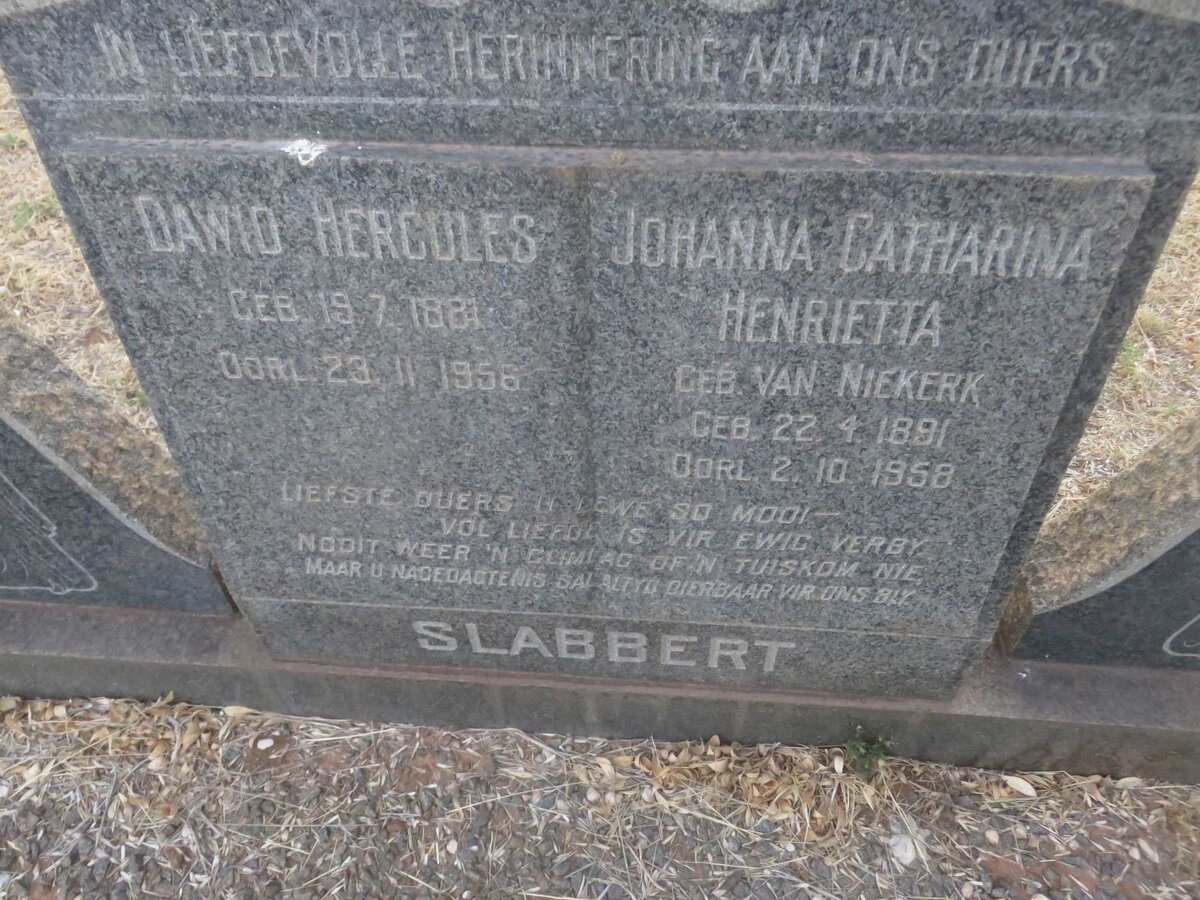 SLABBERT Dawid Hercules 1881-1956 &amp; Johanna Catharina Henrietta VAN NIEKERK 1891-1958
