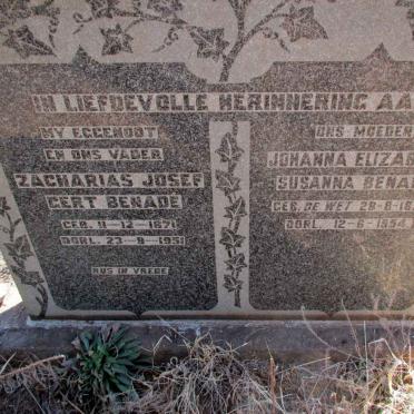 BENADE Zacharias Josef Gert 1871-1951 &amp; Johanna Elizabeth Susanna DE WET 1875-1954
