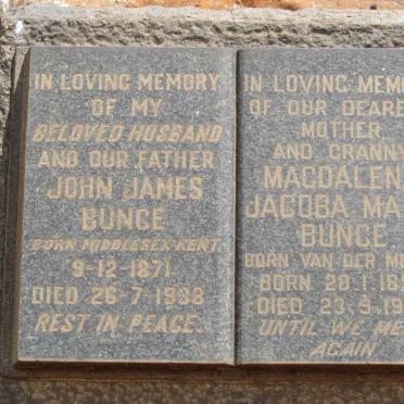 BUNGE John James 1871-1938 &amp; Magdalena Jacoba Maria VAN DER MERWE 1890-1952